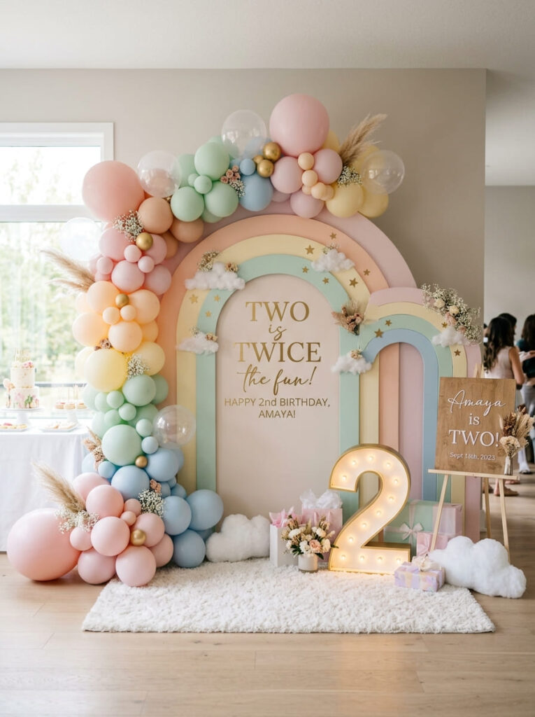 Beautiful rainbow photo backdrop with pastel arches and balloons