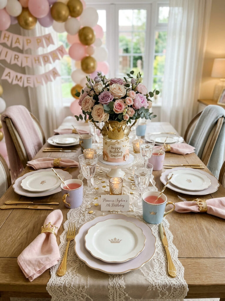 Princess-inspired tableware with soft pastel colors and crown details