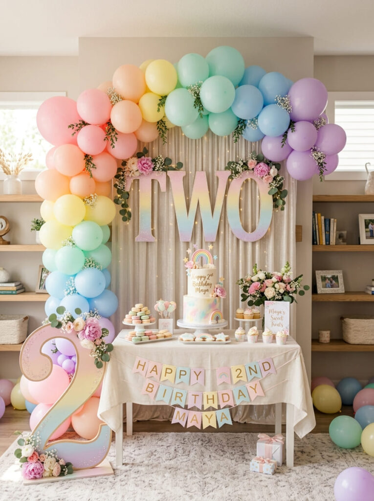 Number two sign in pastel colors for a rainbow birthday party