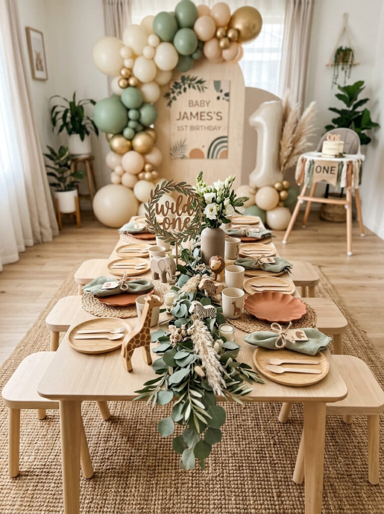 Simple kids table with safari touches for a stylish first birthday

