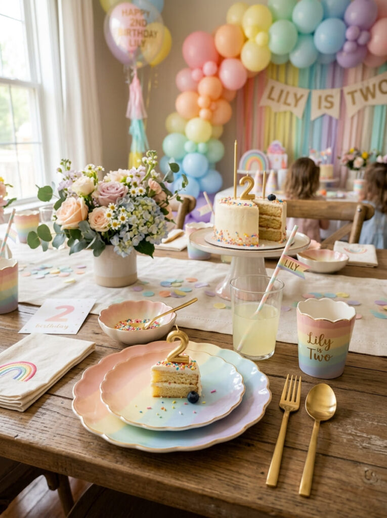 Elegant rainbow-themed tableware in soft pastel colors