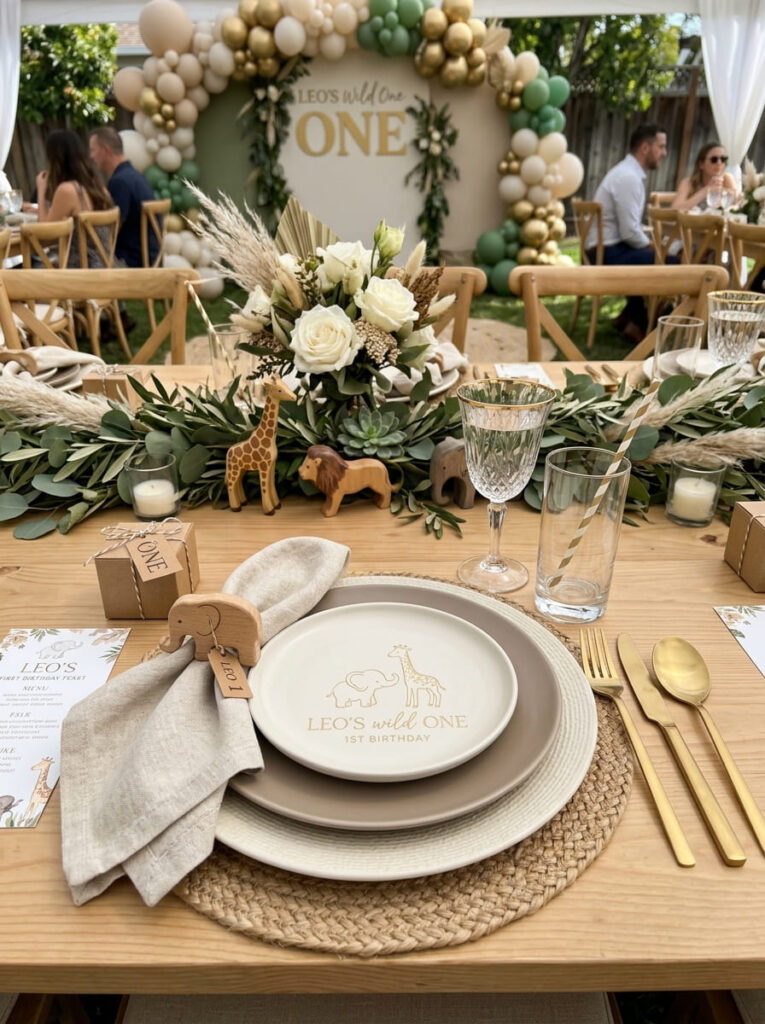 Safari-themed place settings with neutral plates and natural textures

