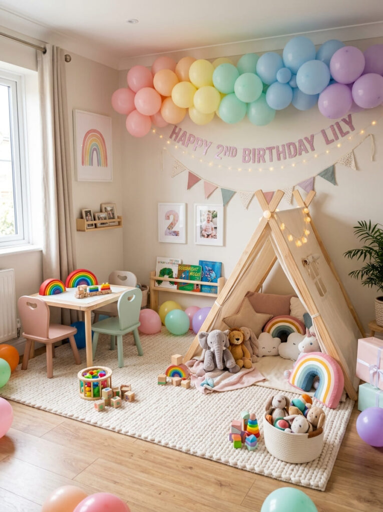 Rainbow play corner for toddlers with soft toys and pastel decor