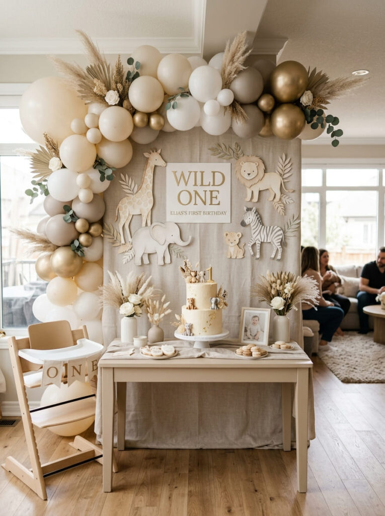 Soft safari animal cutouts decorating an elegant first birthday party

