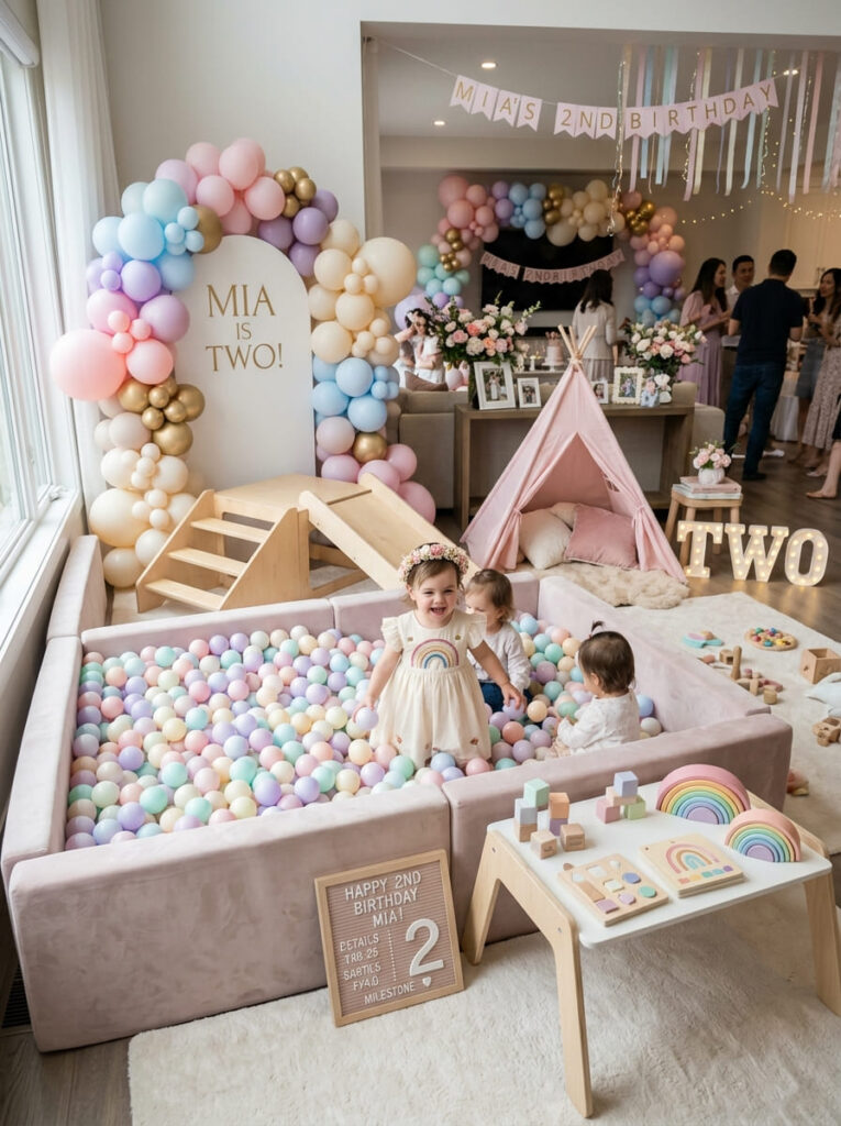 Soft ball pit and play zone at a rainbow 2nd birthday party