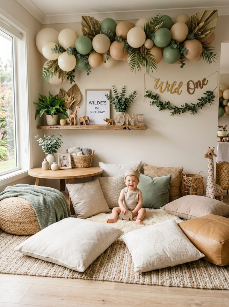 Stylish lounge corner for guests at a safari first birthday party

