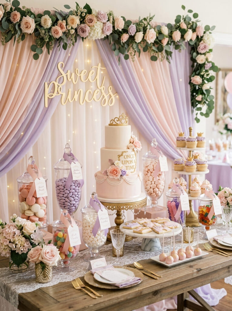 Pretty princess sweets display in blush, lavender, and ivory tones