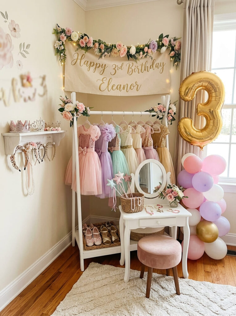 Princess dress-up corner with crowns, tutus, and wands