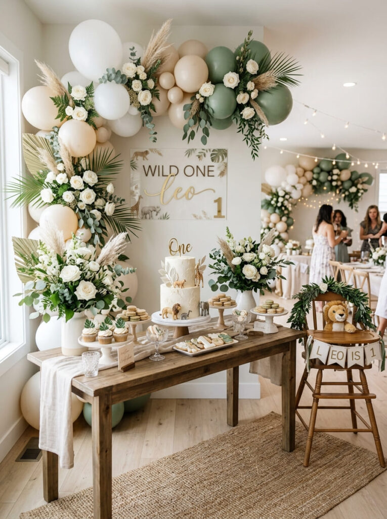 Soft safari florals in neutral tones for a boy’s first birthday

