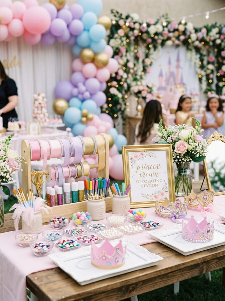 Crown decorating station with ribbons, gems, and pastel craft supplies