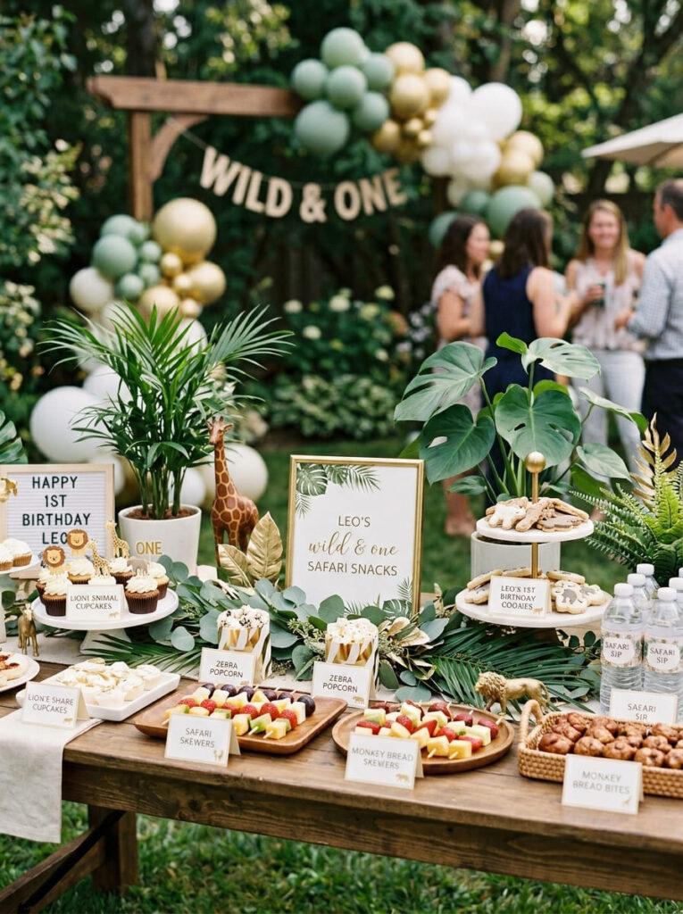 Snack table with clean labels in a modern safari party setup

