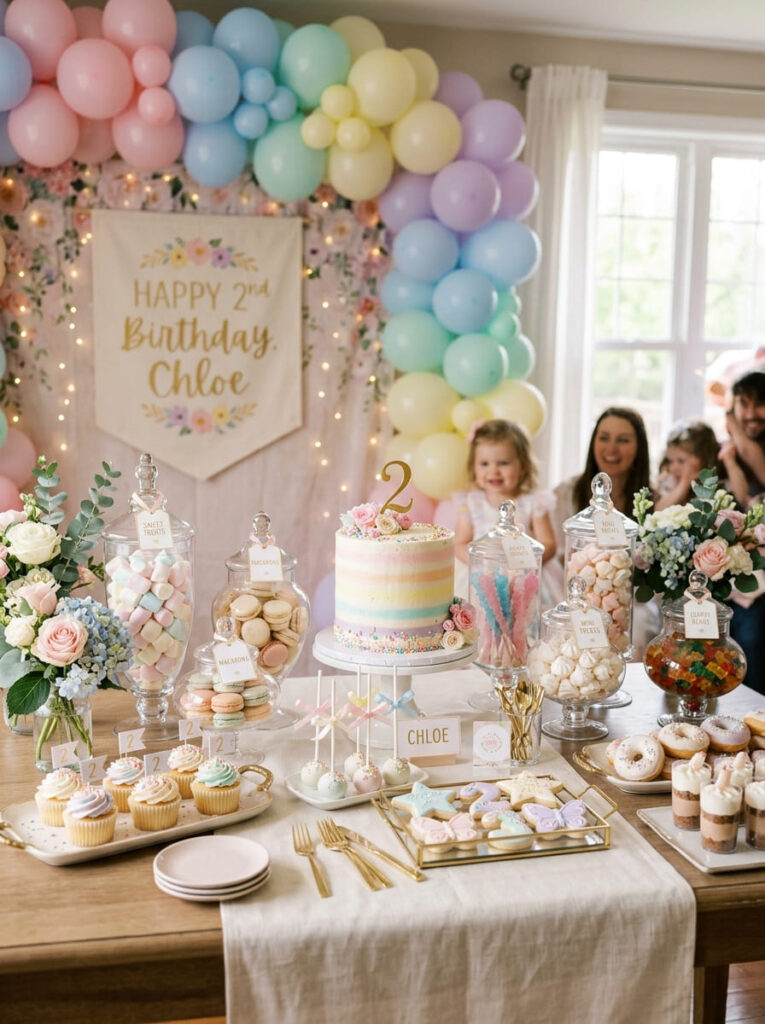 Pastel rainbow sweets display with coordinated desserts and decor