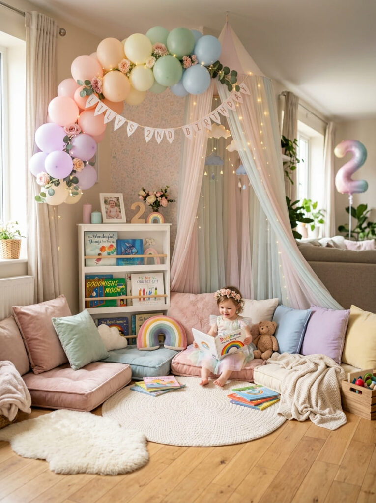 Cozy rainbow storybook nook with books and soft cushions