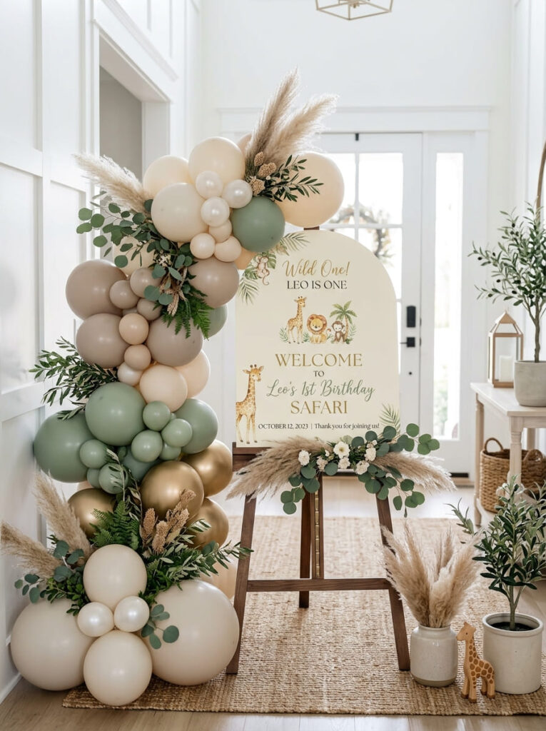 Elegant safari first birthday welcome sign with neutral balloons and greenery

