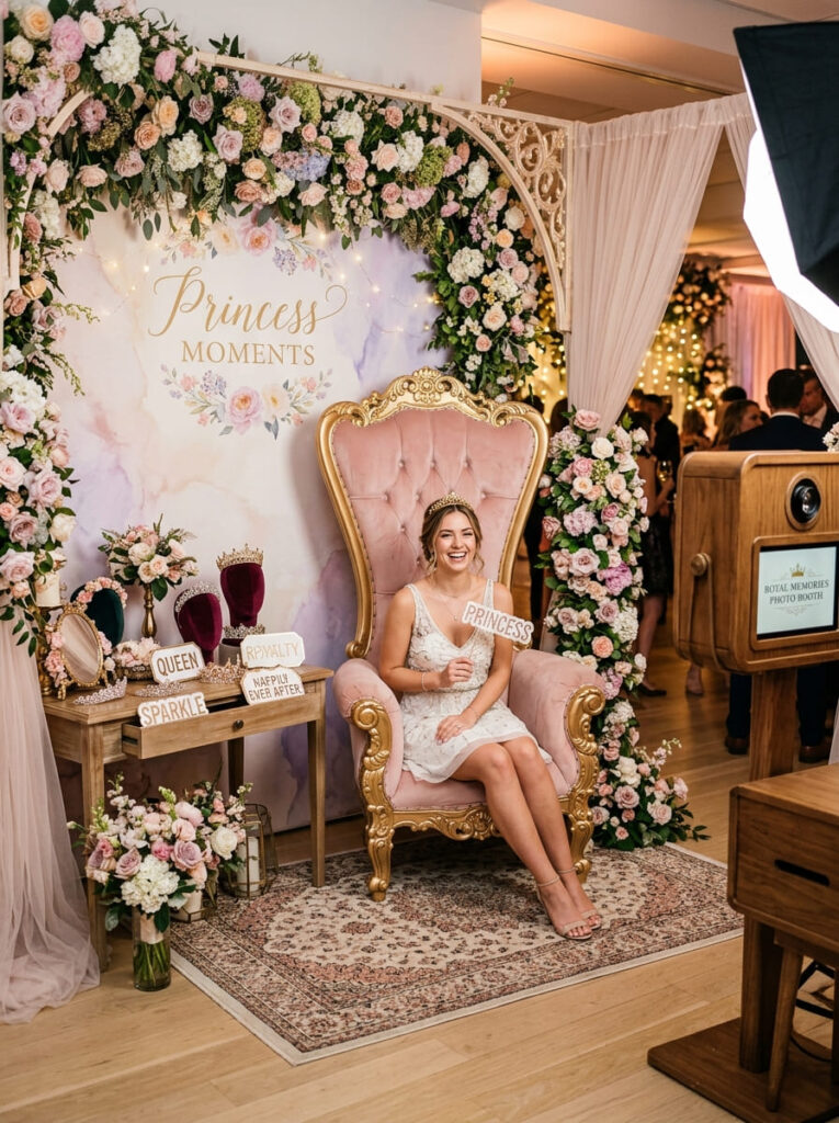 Princess photo booth with a throne-style chair and pastel backdrop