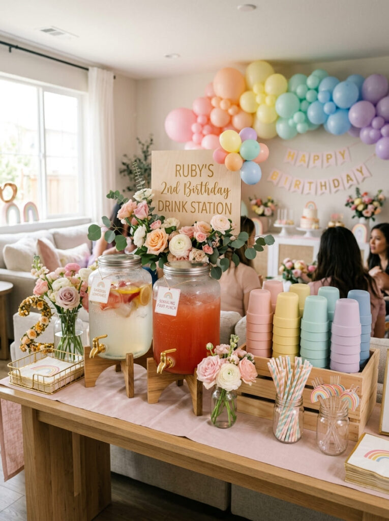 Rainbow drink station with soft colorful cups and pastel straws