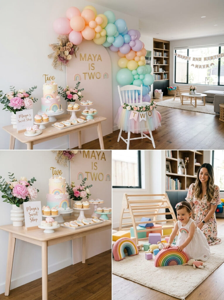 Stylish rainbow 2nd birthday party with beautiful focal points
