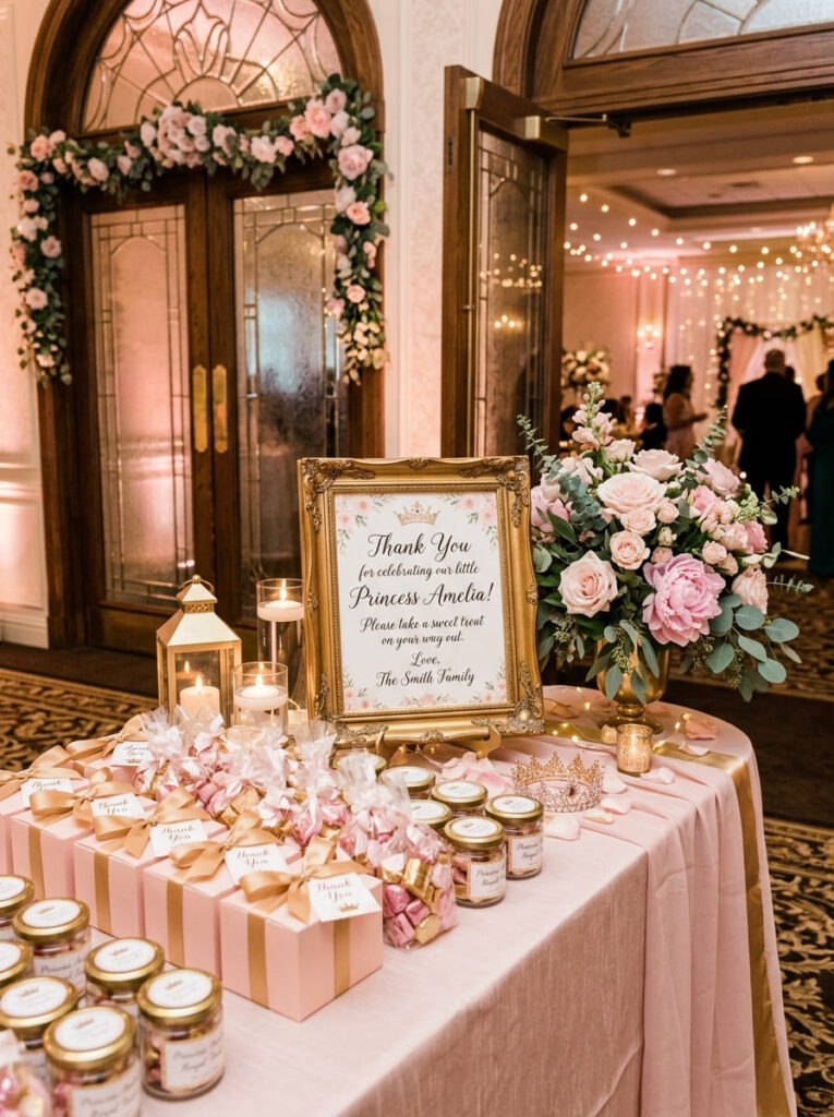 Princess thank you display with favors and soft floral accents
