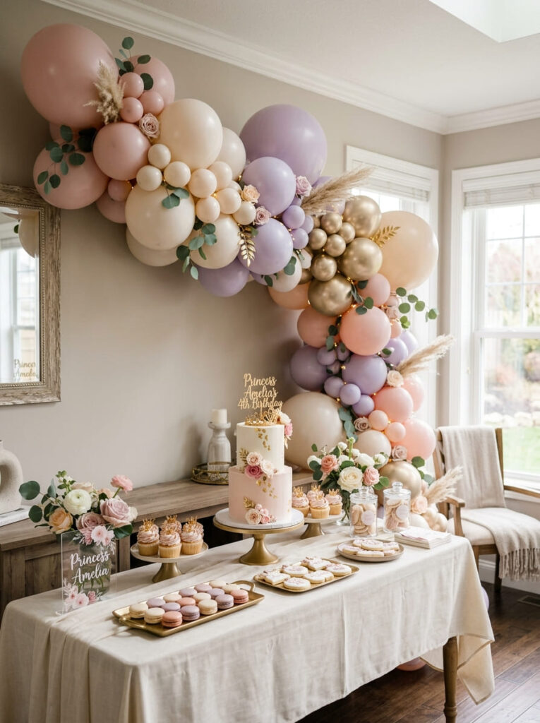 Princess balloon garland in blush and lavender tones for a stylish birthday setup