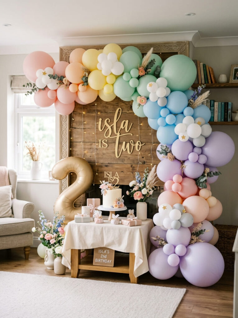 Soft pastel rainbow balloon garland for a stylish 2nd birthday party