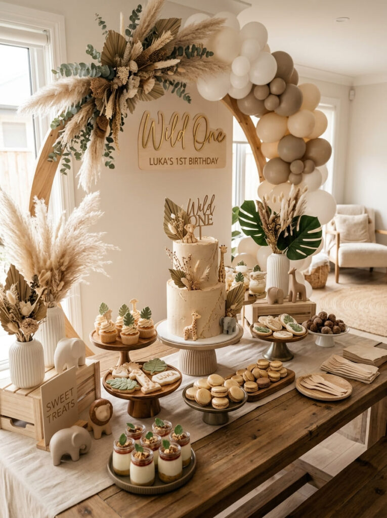 Chic safari dessert table with greenery and elegant animal accents

