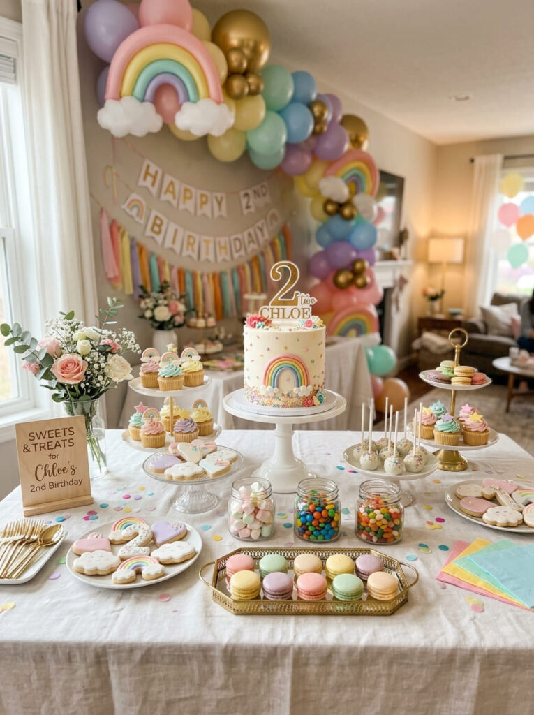 Chic rainbow dessert table with pastel sweets and elegant party decor