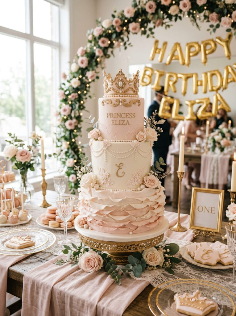 Princess birthday cake with crown detail, pearls, and soft ruffles