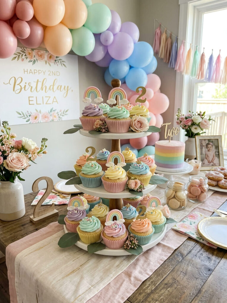 Rainbow cupcakes in coordinated pastel shades on a dessert table