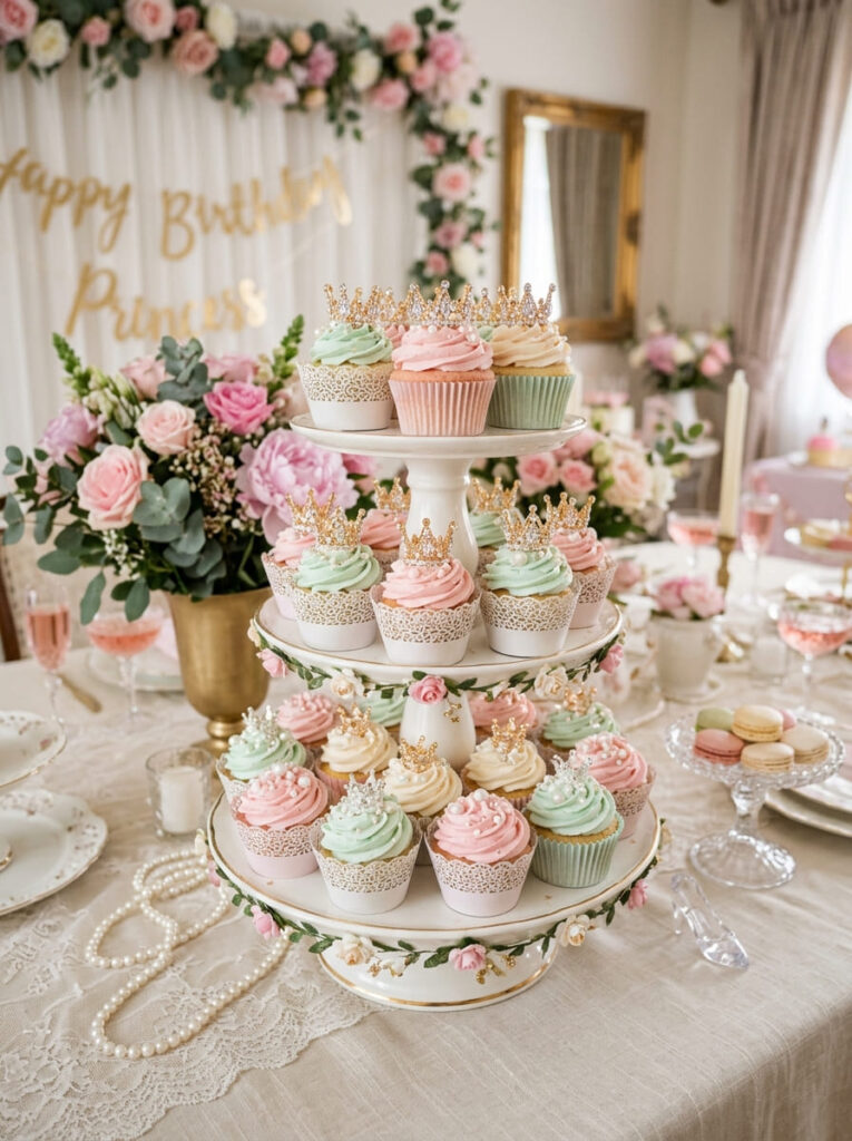 Princess cupcakes with pearl toppers and pastel frosting on a dessert table