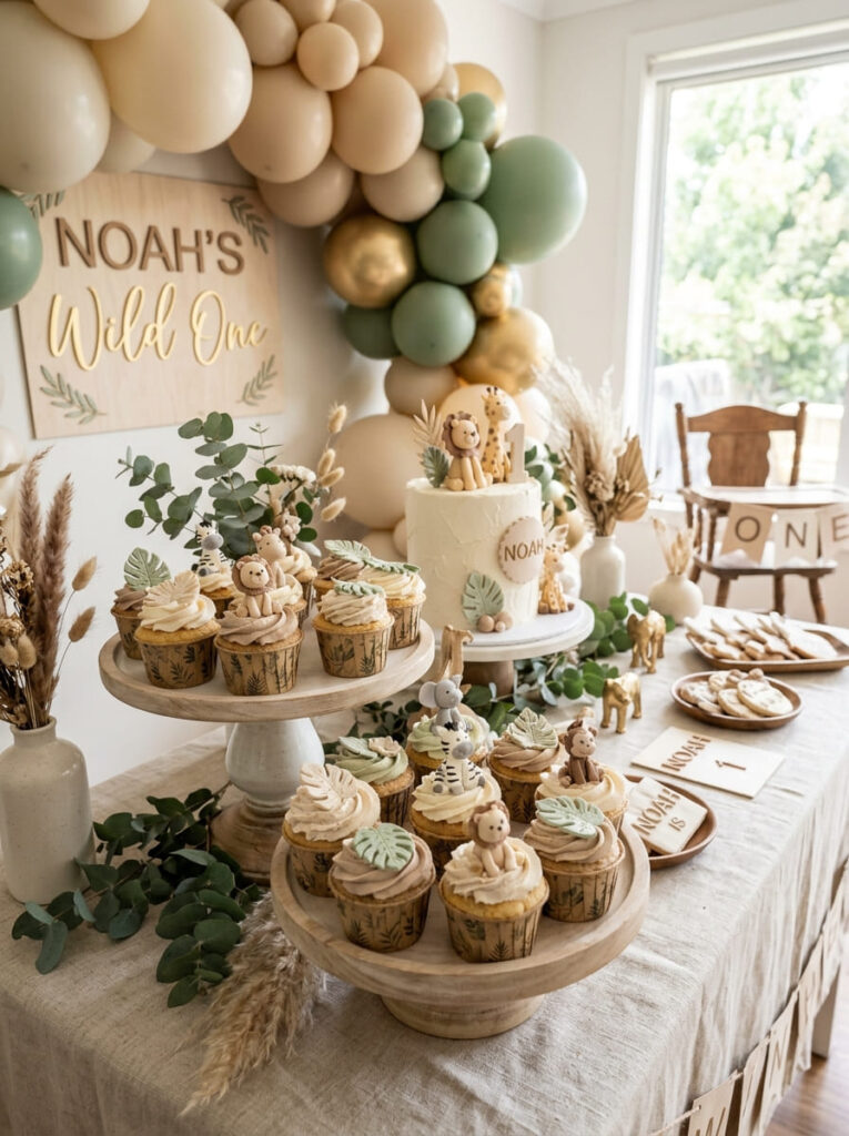 Safari cupcakes with simple animal toppers on a stylish dessert table


