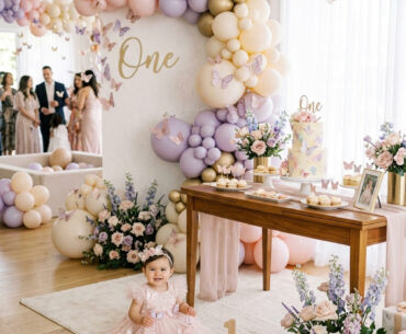 One year old girl in a butterfly-inspired outfit beside a soft and elegant first birthday party setup