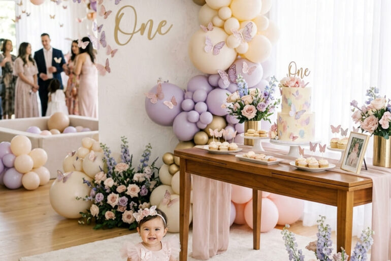 One year old girl in a butterfly-inspired outfit beside a soft and elegant first birthday party setup