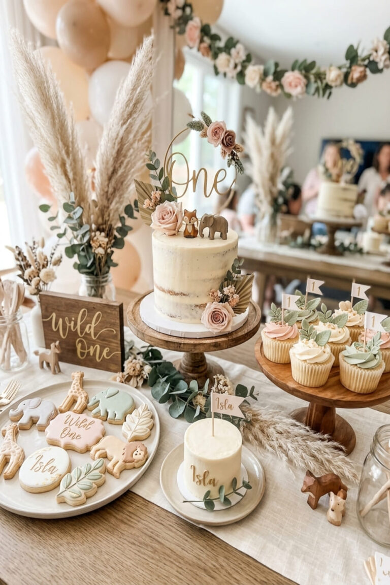Soft Wild One first birthday dessert table with cake and sweets for a girl
