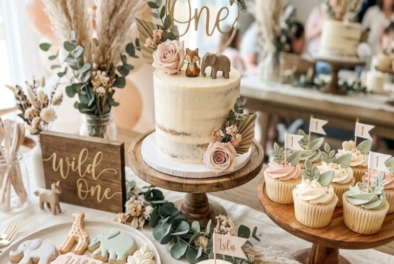 Soft Wild One first birthday dessert table with cake and sweets for a girl