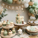 Wild One first birthday dessert table with cake and treats for a baby boy