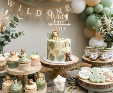 Wild One first birthday dessert table with cake and treats for a baby boy
