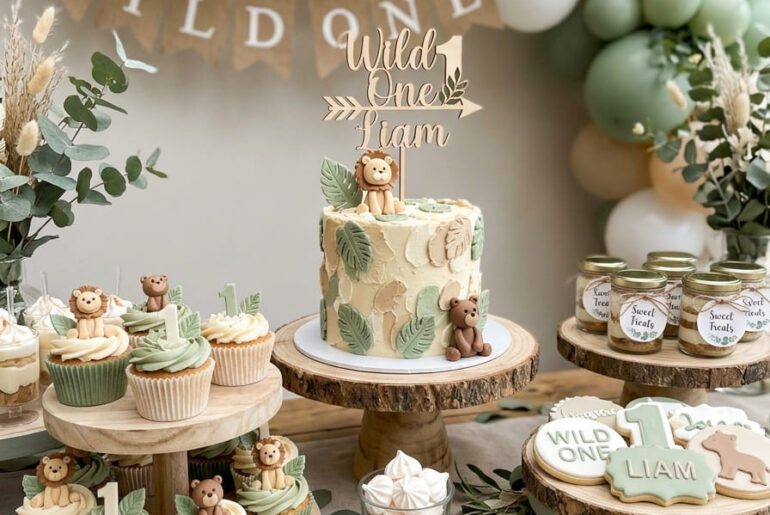 Wild One first birthday dessert table with cake and treats for a baby boy