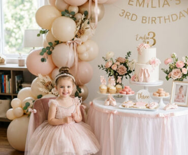 Elegant ballerina third birthday party setup for a girl at home