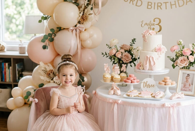 Elegant ballerina third birthday party setup for a girl at home