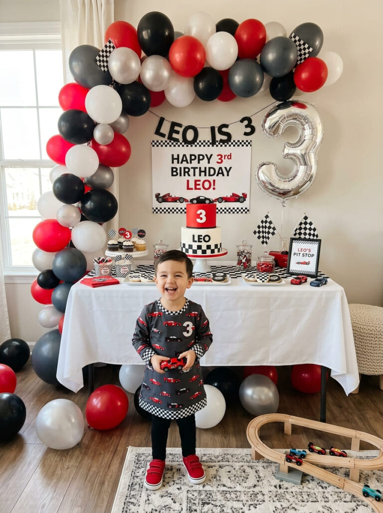 Modern race car third birthday party setup for a boy at home