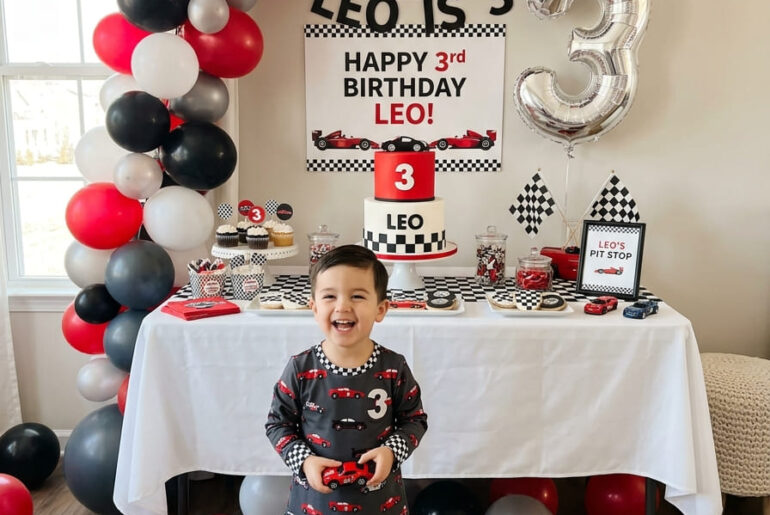 Modern race car third birthday party setup for a boy at home