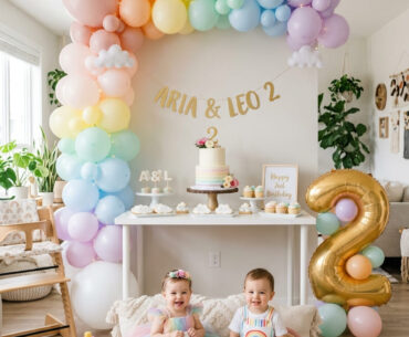 Rainbow second birthday party setup at home with colorful modern decor