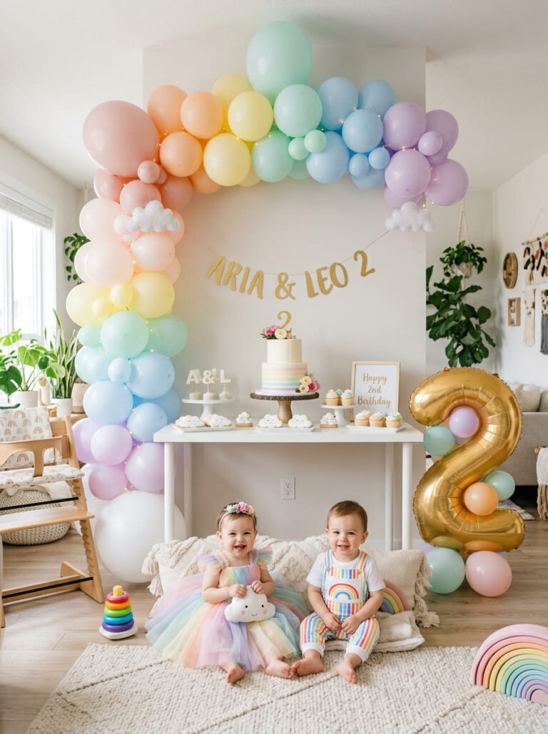 Rainbow second birthday party setup at home with colorful modern decor