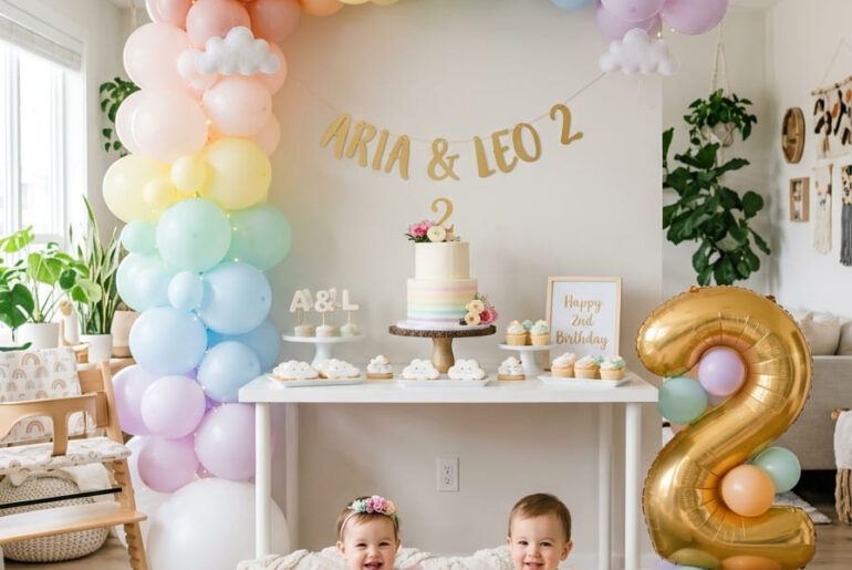 Rainbow second birthday party setup at home with colorful modern decor