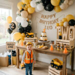 Stylish construction second birthday party setup for a boy at home