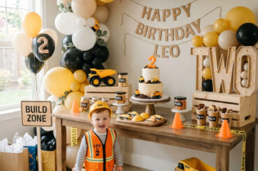 Stylish construction second birthday party setup for a boy at home