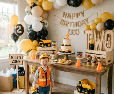 Stylish construction second birthday party setup for a boy at home