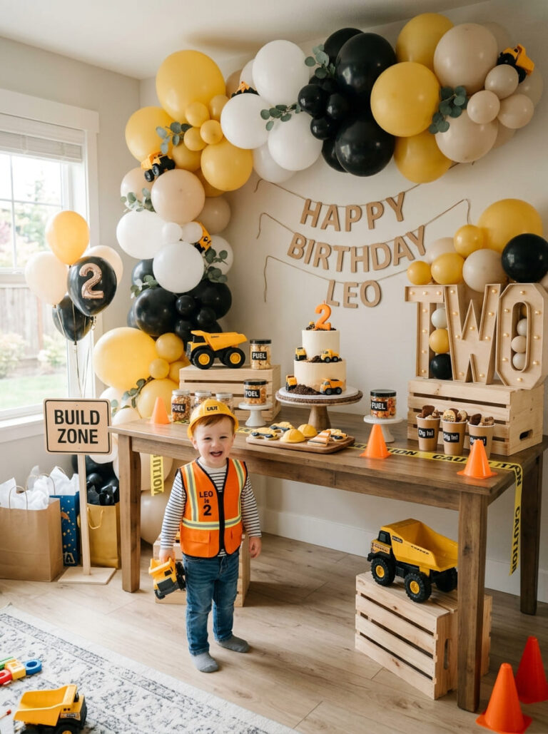 Stylish construction second birthday party setup for a boy at home
