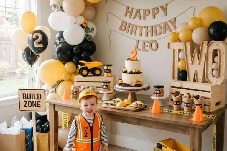 Stylish construction second birthday party setup for a boy at home