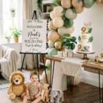 Stylish safari birthday setup with welcome sign and balloons for a boy